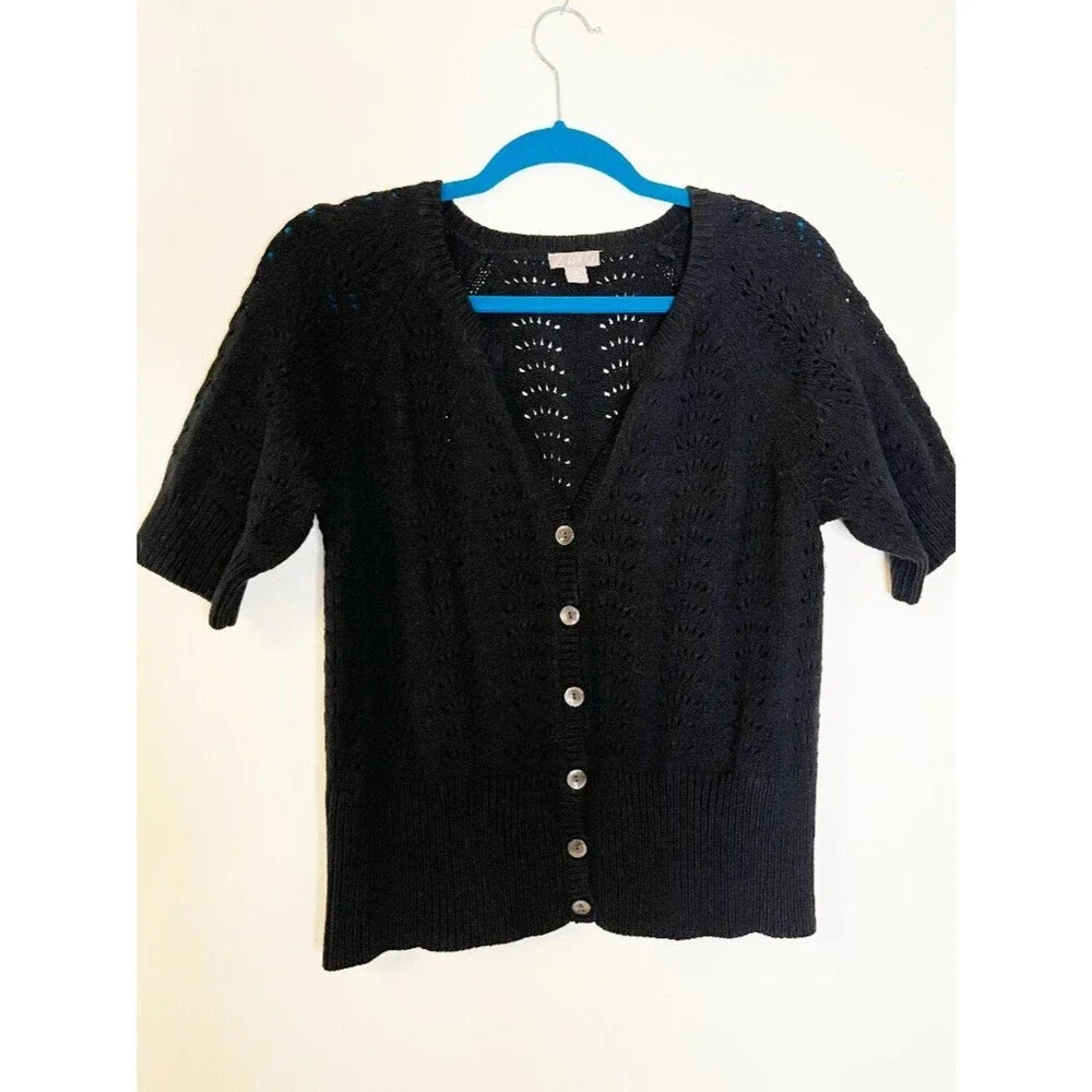 J. Jill Black Knit Cardigan Top Petite Medium Button Front Short Sleeve Sweater - Picture 8 of 8